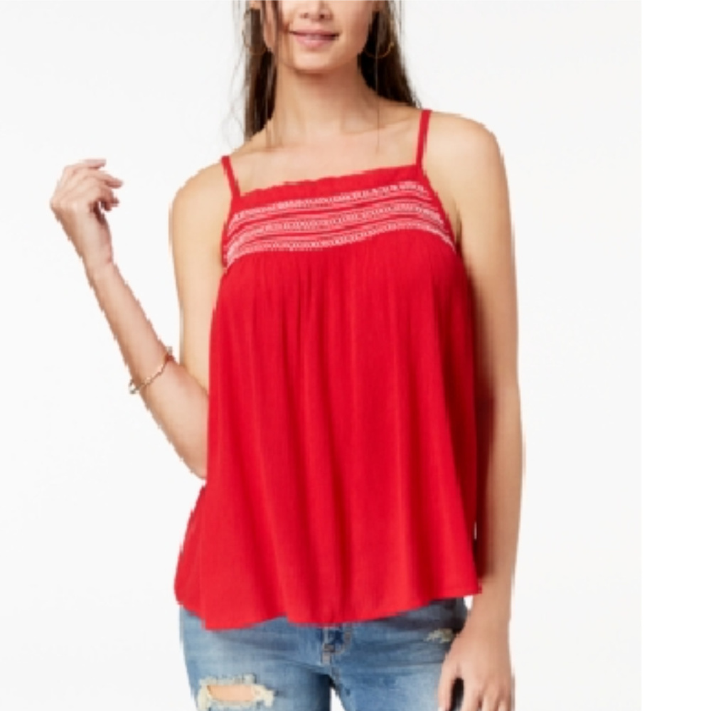 Ultra Flirt Red Embroidered Smocked Tank Top
